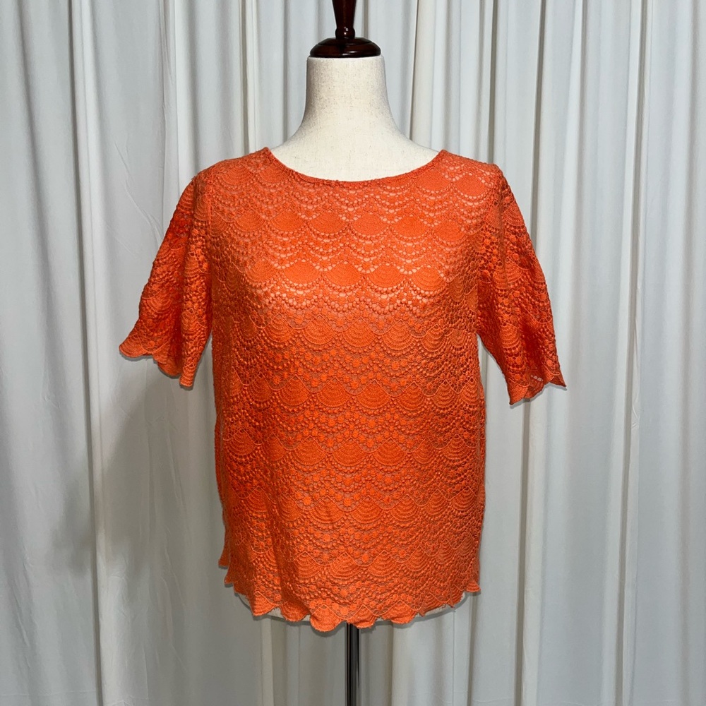 Club Monaco Vibrant Orange Lace Semi Sheer Blouse With‎ Zip Up Back Size M